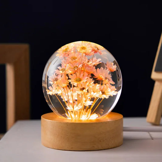 3D Dandelion Crystal Ball 5Cm 6Cm Luminous Immortality Flower Gift Crystal Ball Wood Stand Base Preserved Flower Sphere Ball